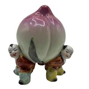 Vintage Chinese Porcelain 10" Figurine 3 Boys Holding Large Longevity Peach 🍑